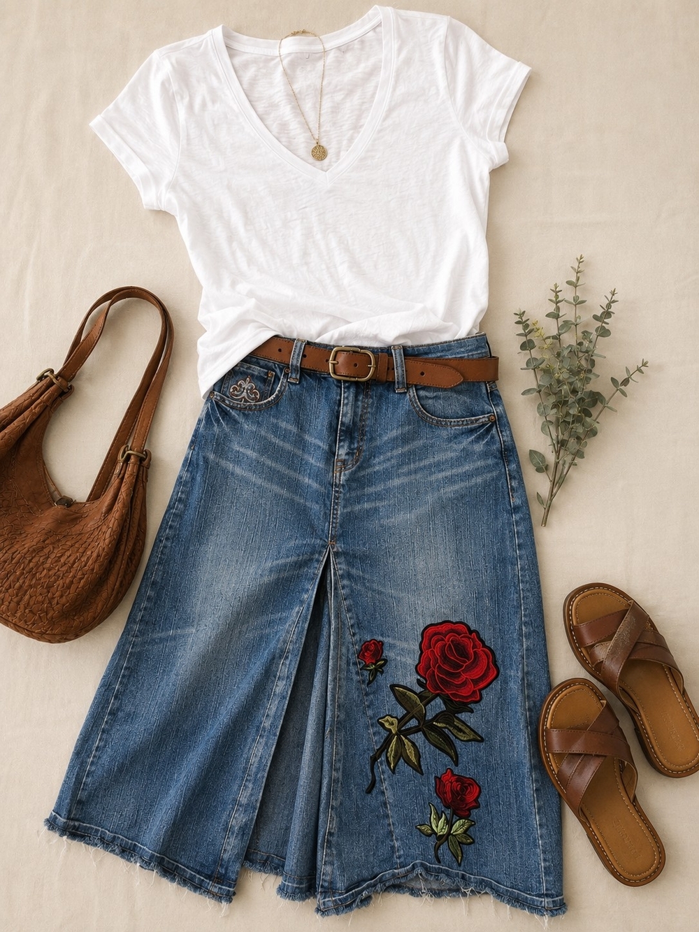 Vintage Embroidered Denim Midi Skirt | Floral Rose A-Line Jean Skirt | Y2K Boho